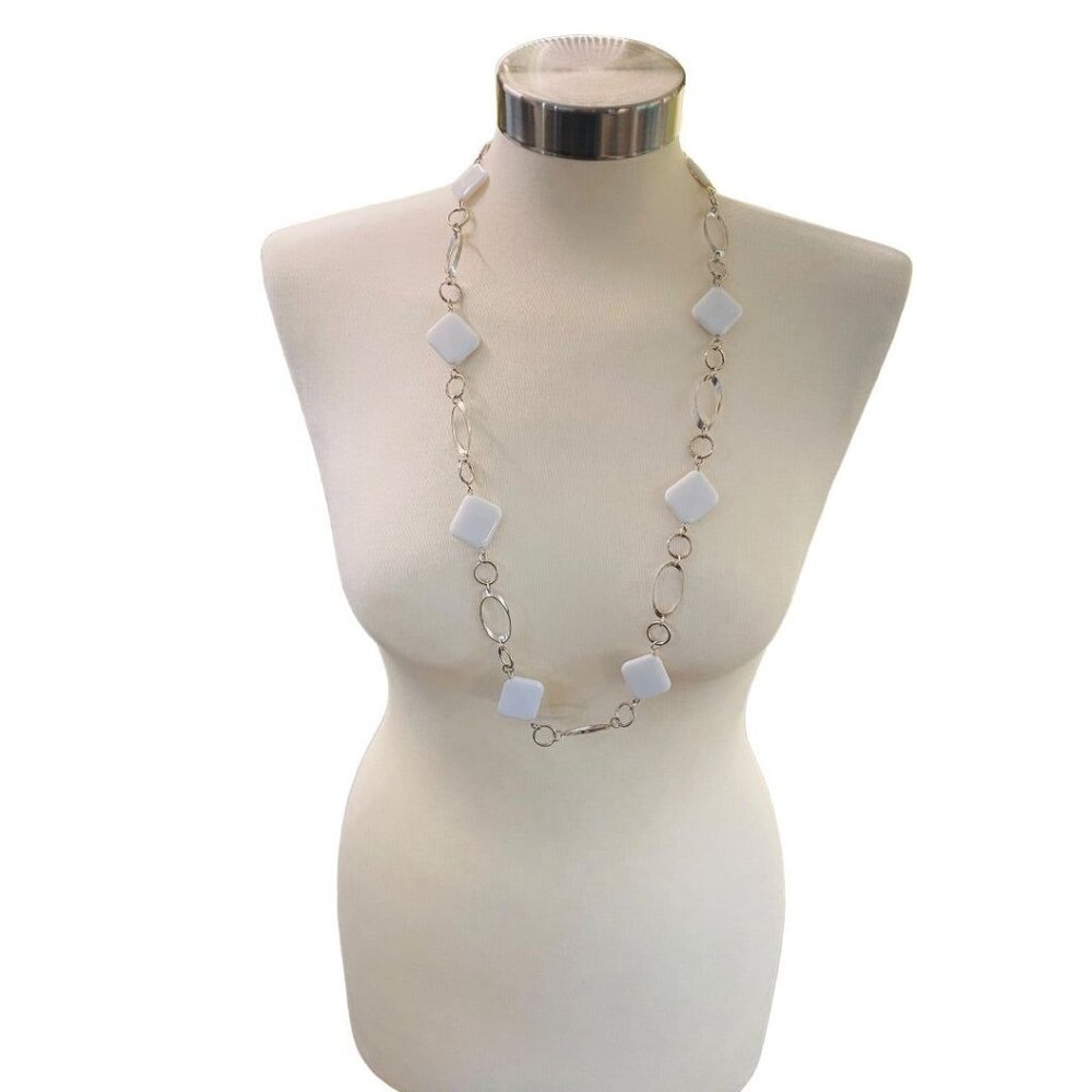 Silvertone‎ and White Acrylic Square Necklace Overhead 34" Lightweight
